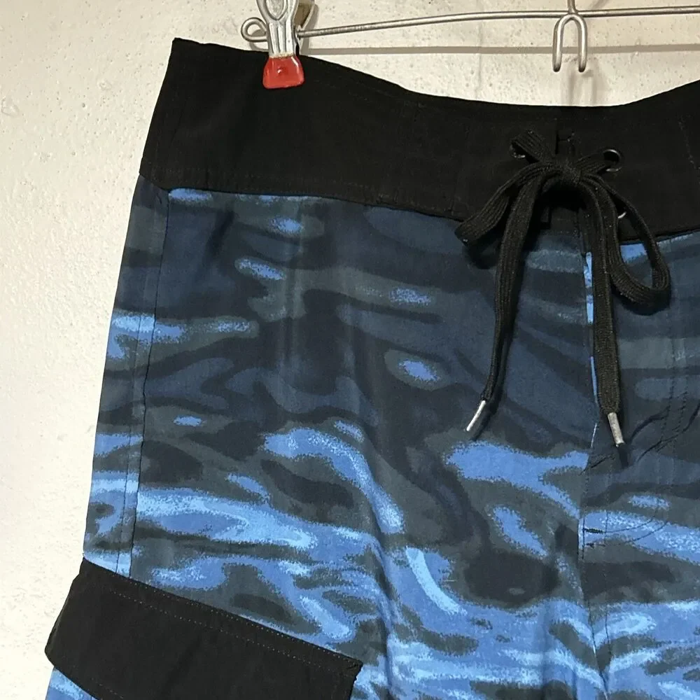 Matix Mens Board Shorts Sz. 32 Blue Black Water Waves Tie Front
